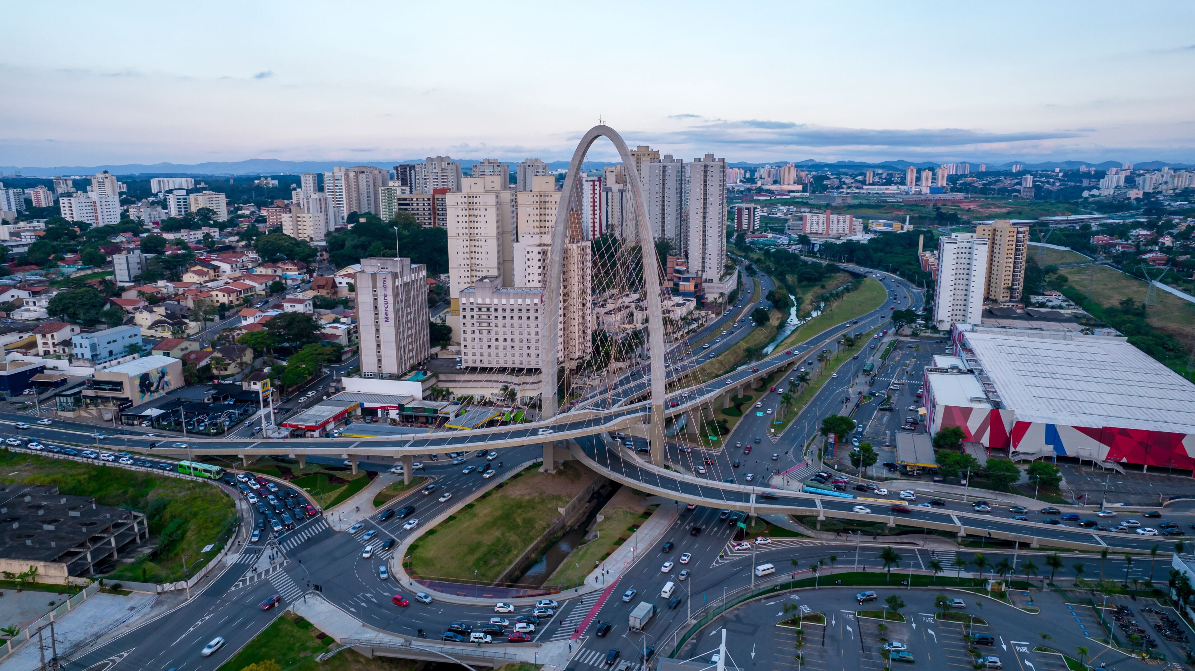 Sao Jose dos Campos, Sao Paulo, Brazil - 04, 2022:.Aerial view of the cable-stayed bridge in São José dos Campos known as the innovation arch.