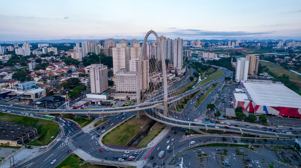 Sao Jose dos Campos, Sao Paulo, Brazil - 04, 2022:.Aerial view of the cable-stayed bridge in São José dos Campos known as the innovation arch.