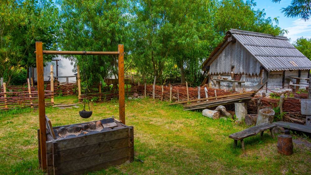 Wooden huts at Foteviken viking museum in Sweden