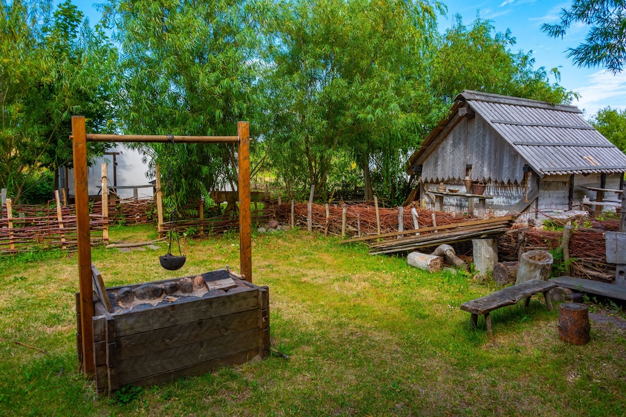 Wooden huts at Foteviken viking museum in Sweden