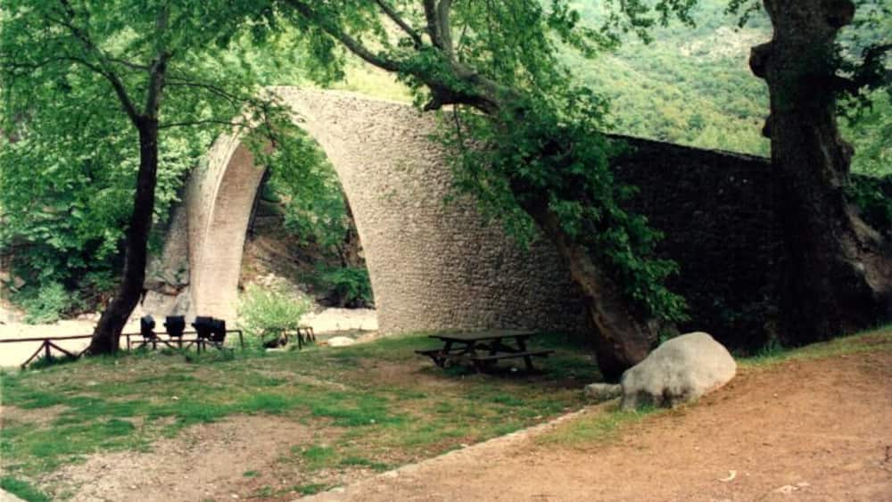 Eine Stebrücke, ein Picknicktisch und Schafe in einem Park.
