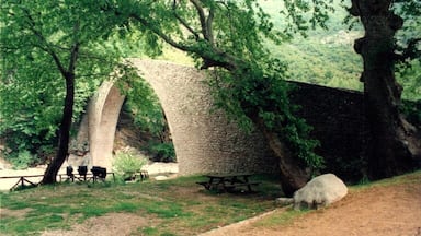 Uma ponte de pedra, mesa de piquenique e ovelhas em um parque.