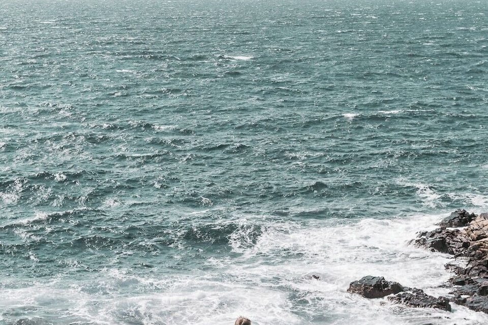 Una persona al cim d'una riba rocosa contemplant l'oceà.