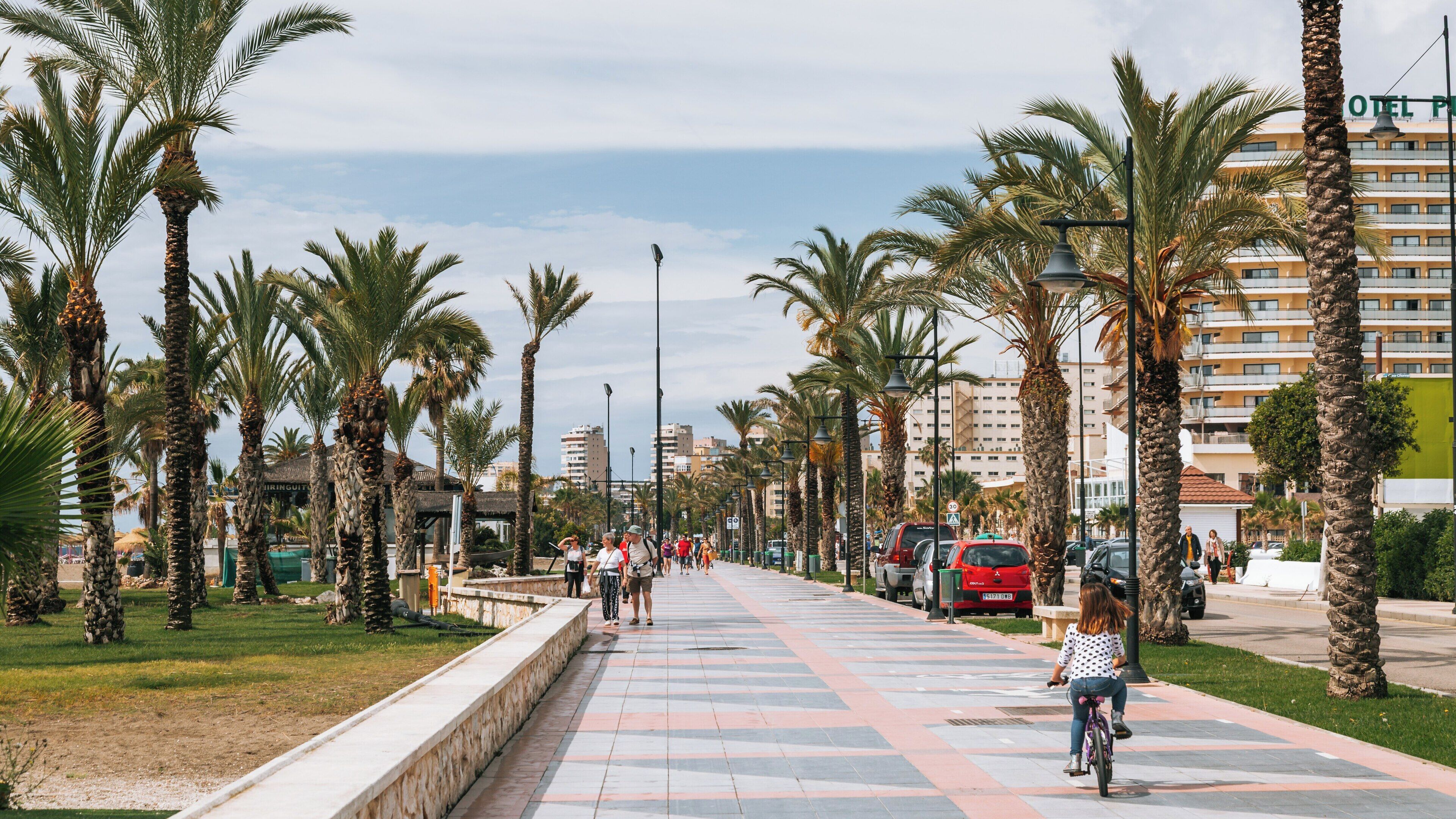Relaxing day at Los Alamos Beach in Churriana, Torremolinos, Spain, featuring palm trees and a lively promenade