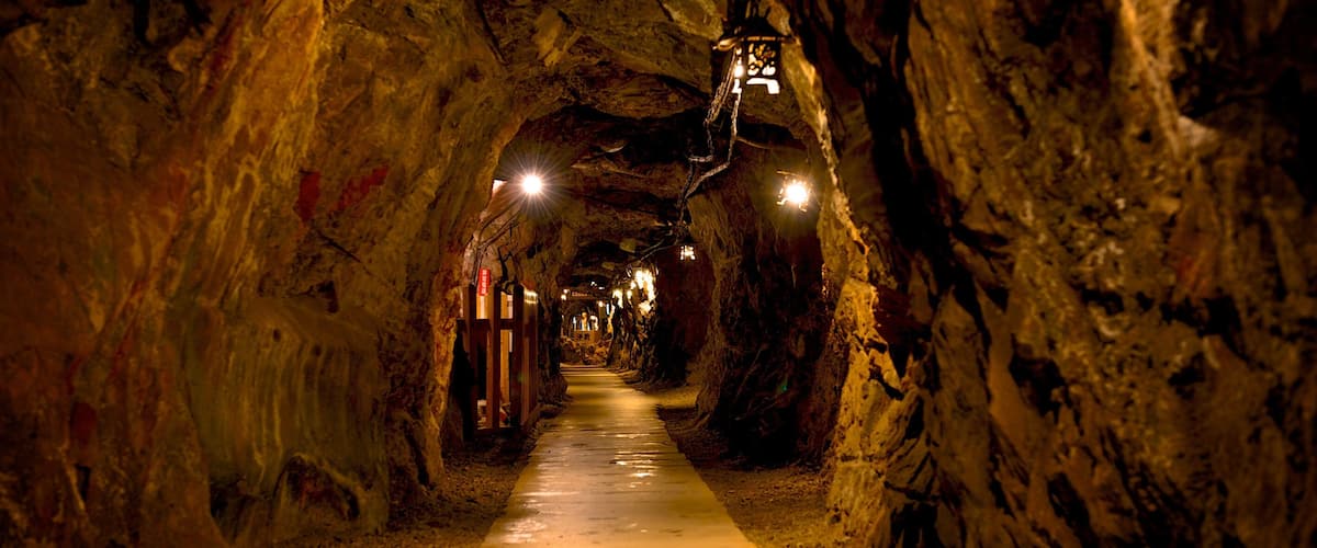 Ein schmaler, schwach beleuchteter Tunnel mit rauen Wänden und feuchtem Boden.
