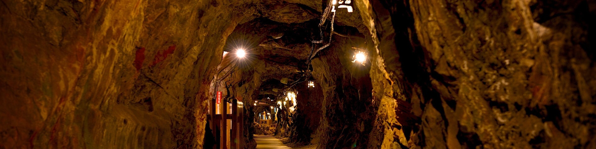 Un túnel tenuemente iluminado con paredes rugosas y suelo húmedo.