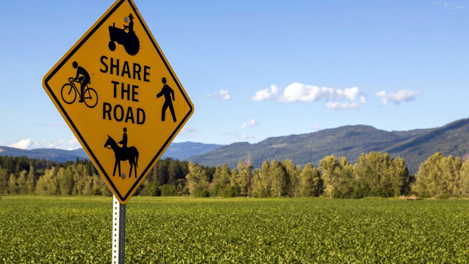 A yellow road sign with symbols of a cyclist, pedestrian, and horse rider, set against a backdrop of a green field and distant mountains.