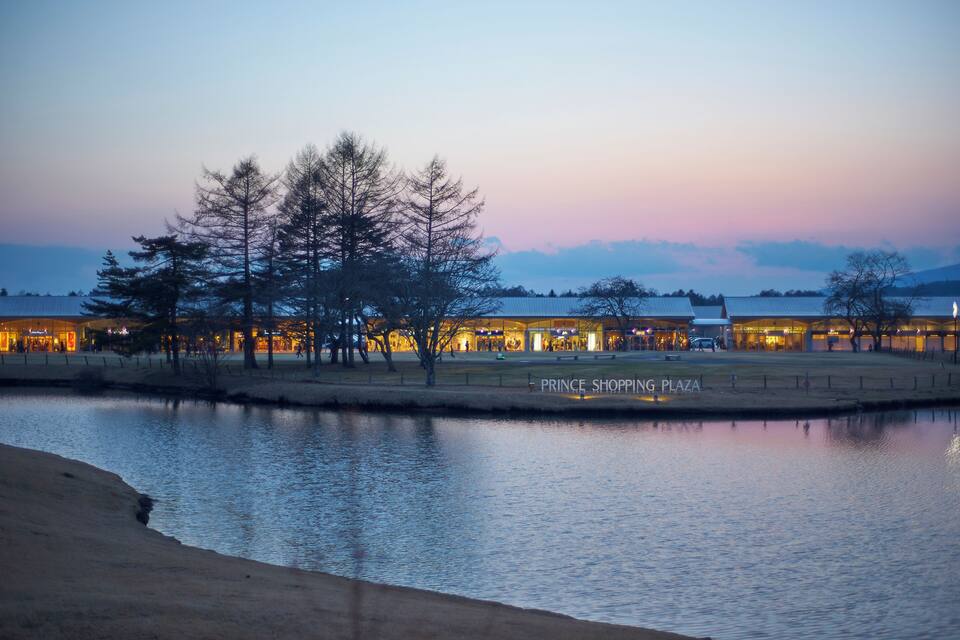 A waterfront with a shopping plaza named Prince Shopping Plaza.