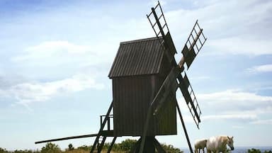 A windmill with a wooden structure and metal blades, a horse grazing nearby, and a clear sky.