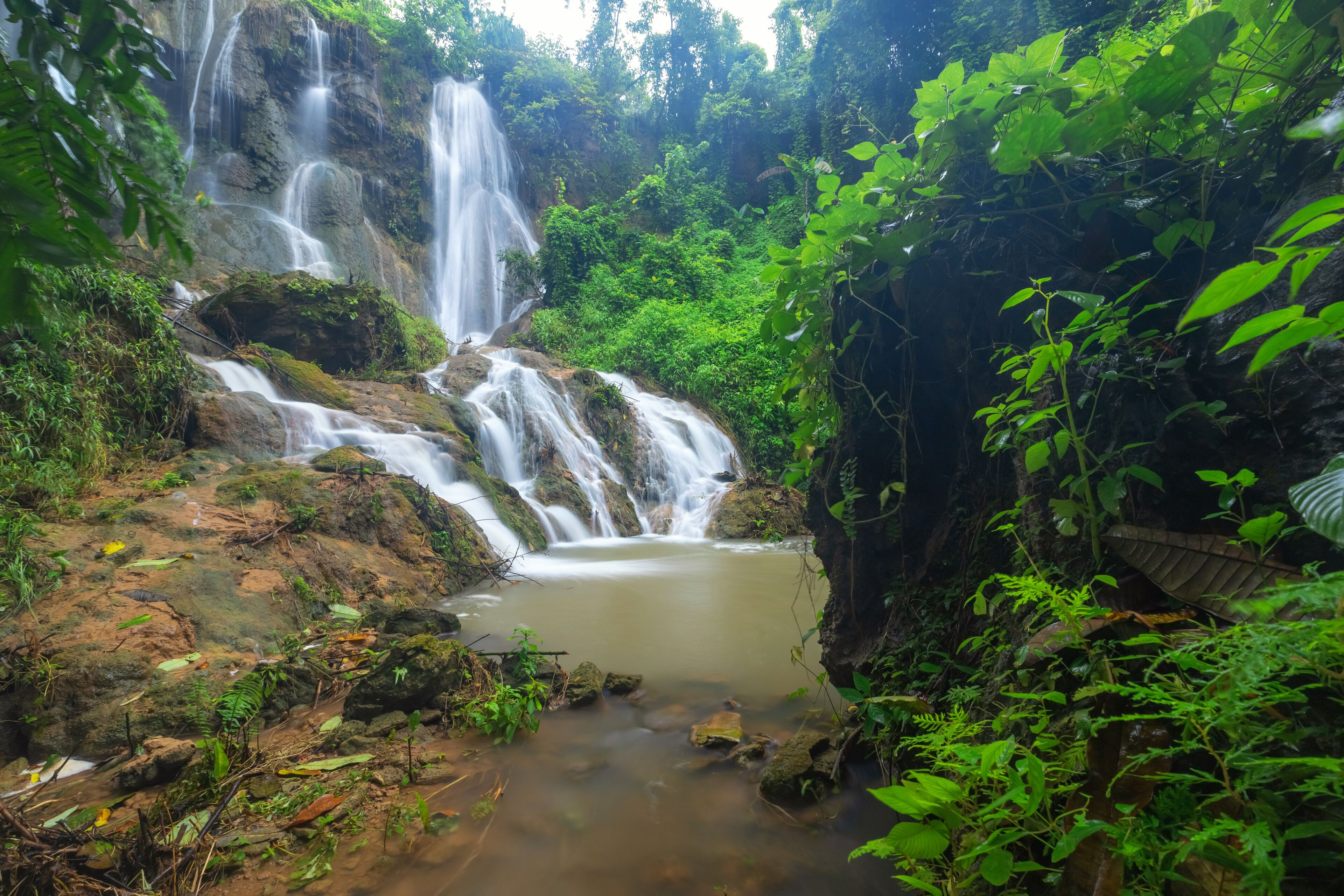 A waterfall cascading over rocks into a calm pool surrounded by lush greenery.