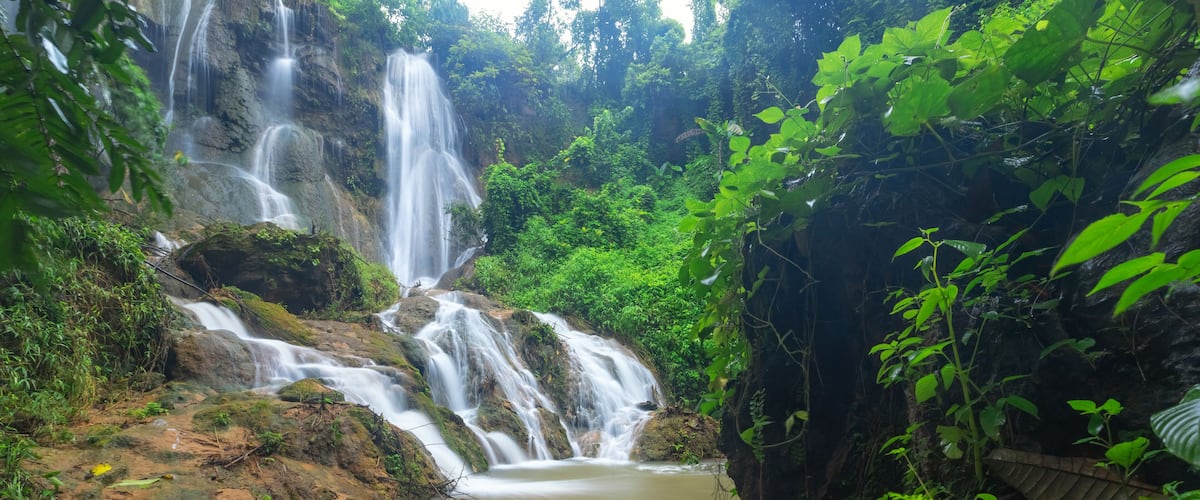 A waterfall cascading over rocks into a calm pool surrounded by lush greenery.