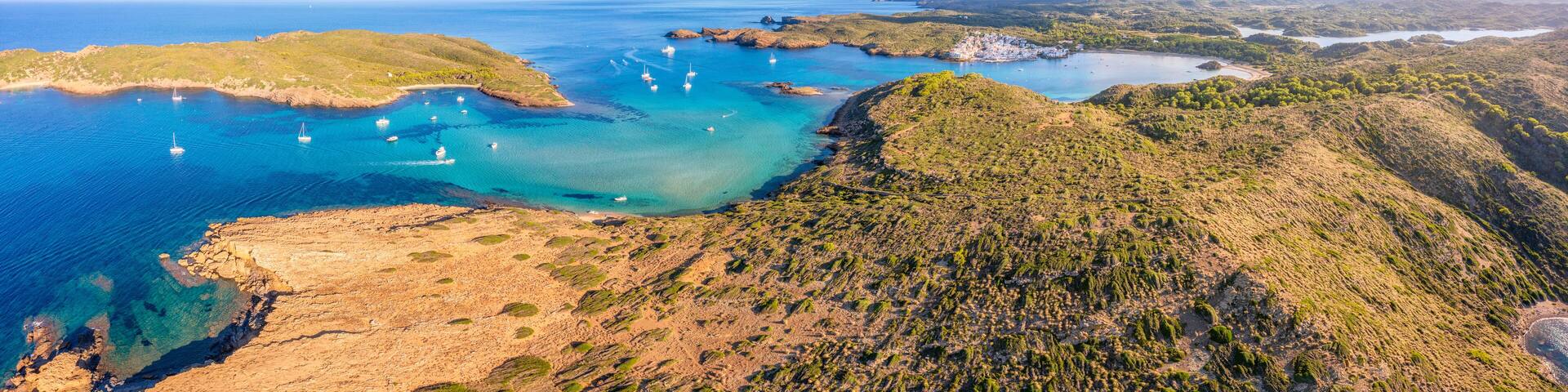 Spain, Balearic Islands, Menorca, Panoramic view of Colom Island and surrounding landscape in summer