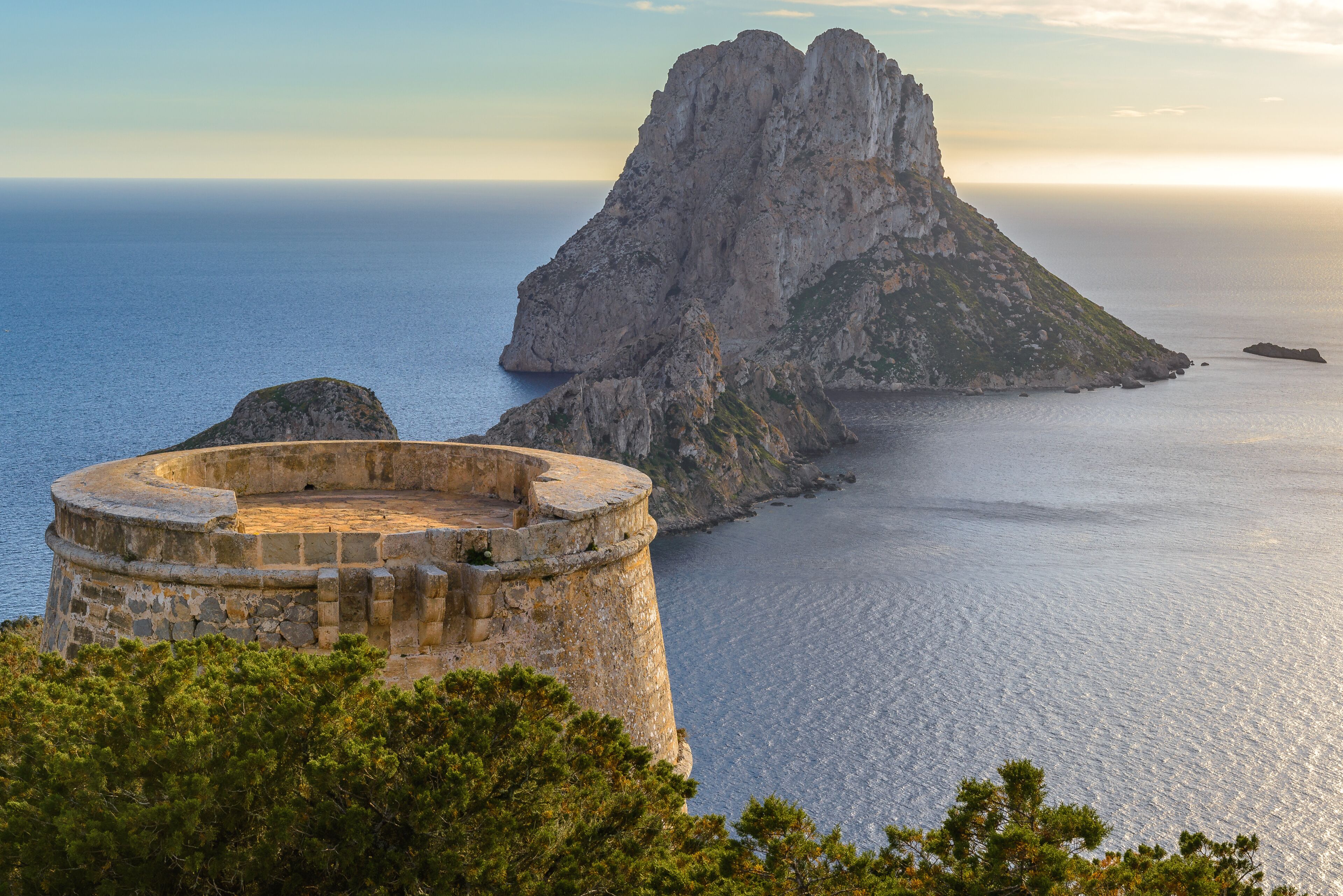 Savinar Tower and Es Vedra island, Ibiza, Spain