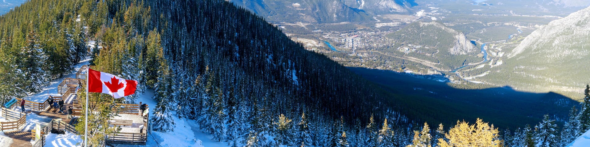 Tourist trails with Canada flag at Sulphur Mountains, Banff national park