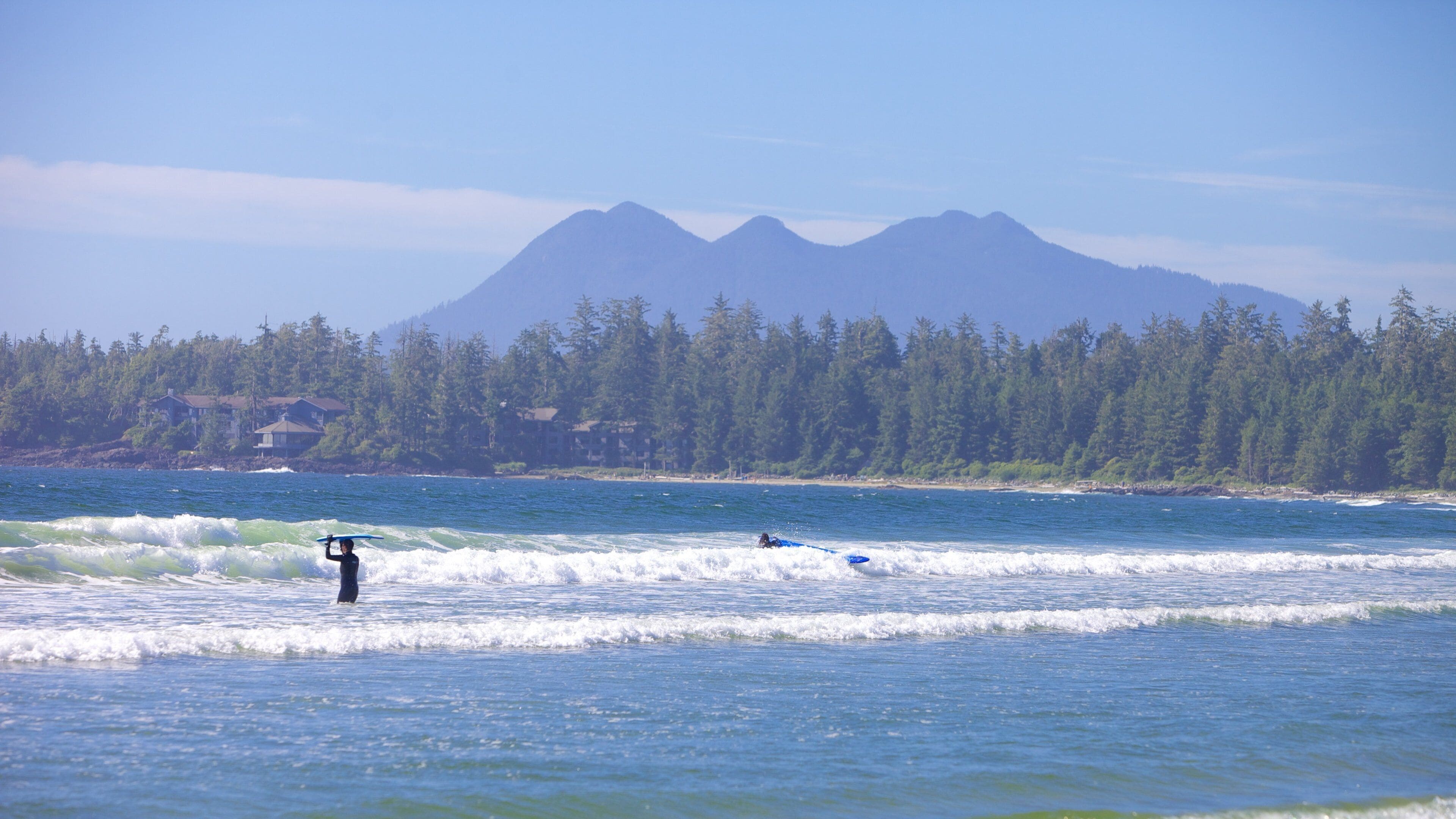 Eine Küstenansicht mit Wellen, einem Surfer und einem bewaldeten Gebirgszug im Hintergrund.