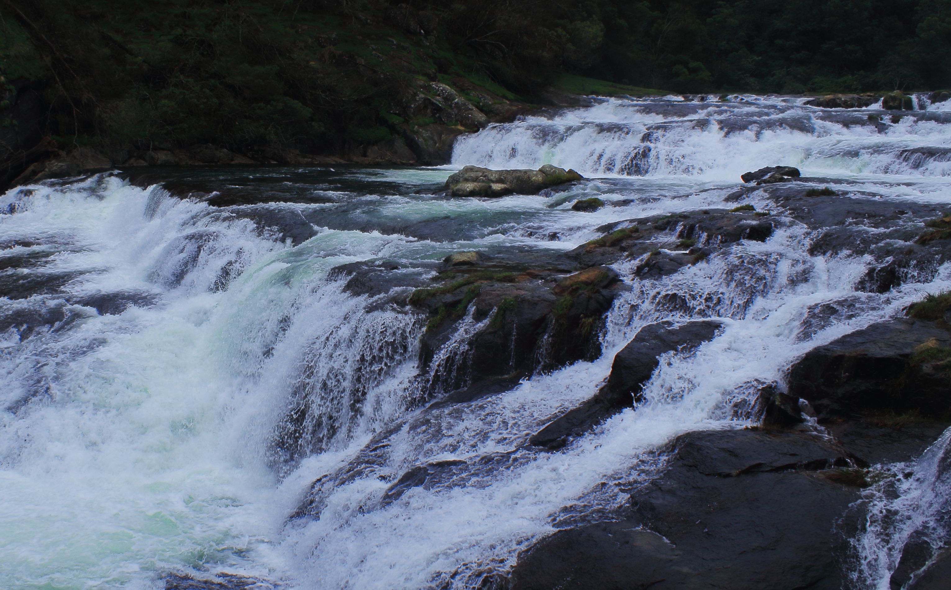 Ein tosendes Wasserfall, umgeben von felsigem Gelände und dichtem Grün.