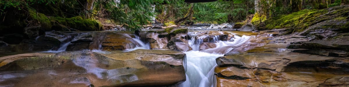 A waterfall cascading over rocks in a forested area with a wooden bridge in the background.