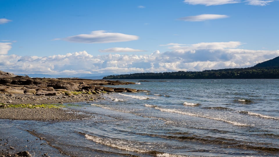A rocky shoreline with waves, a clear sky, and distant mountains.