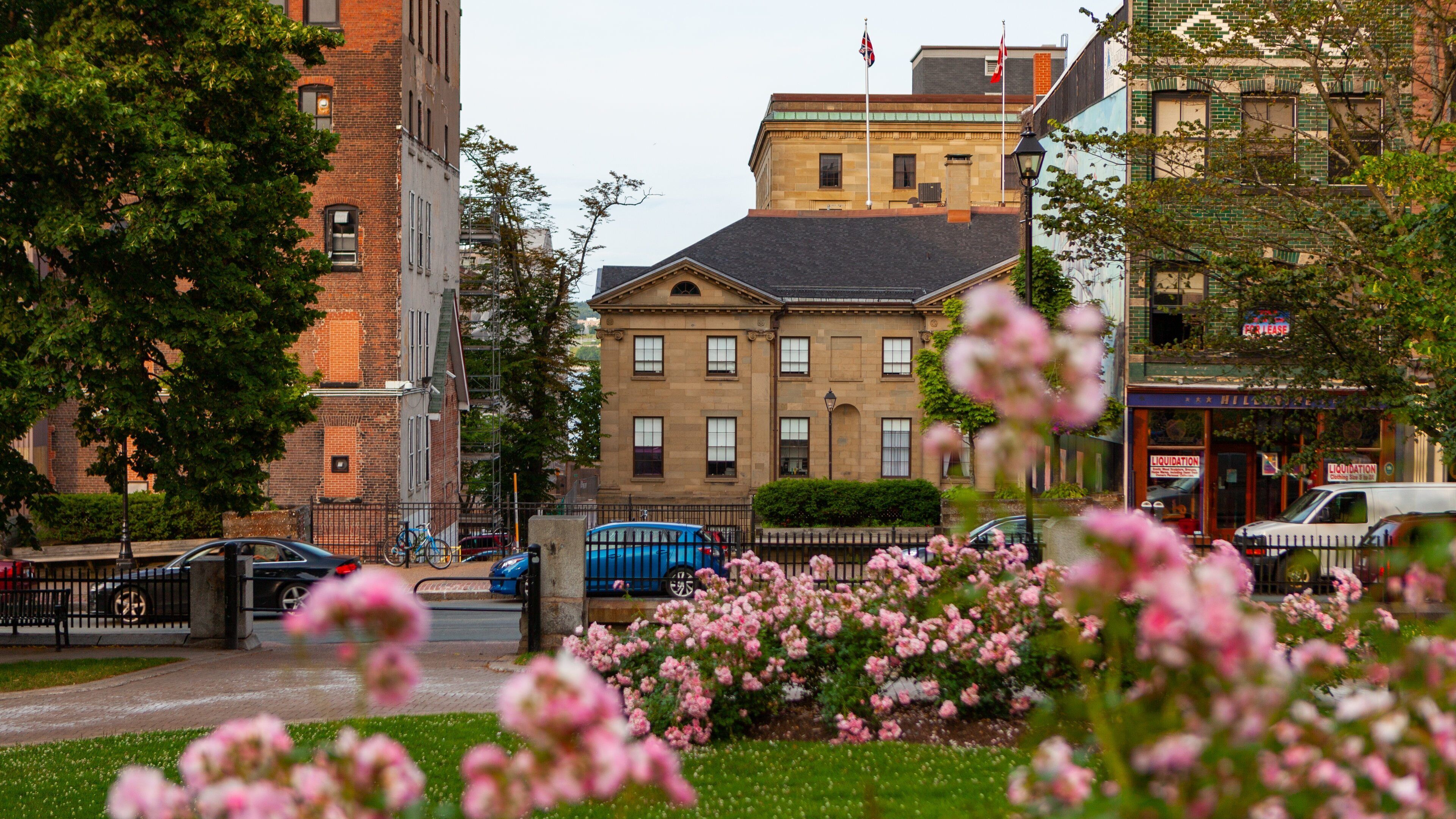 Halifax City Hall which includes a garden and flowers