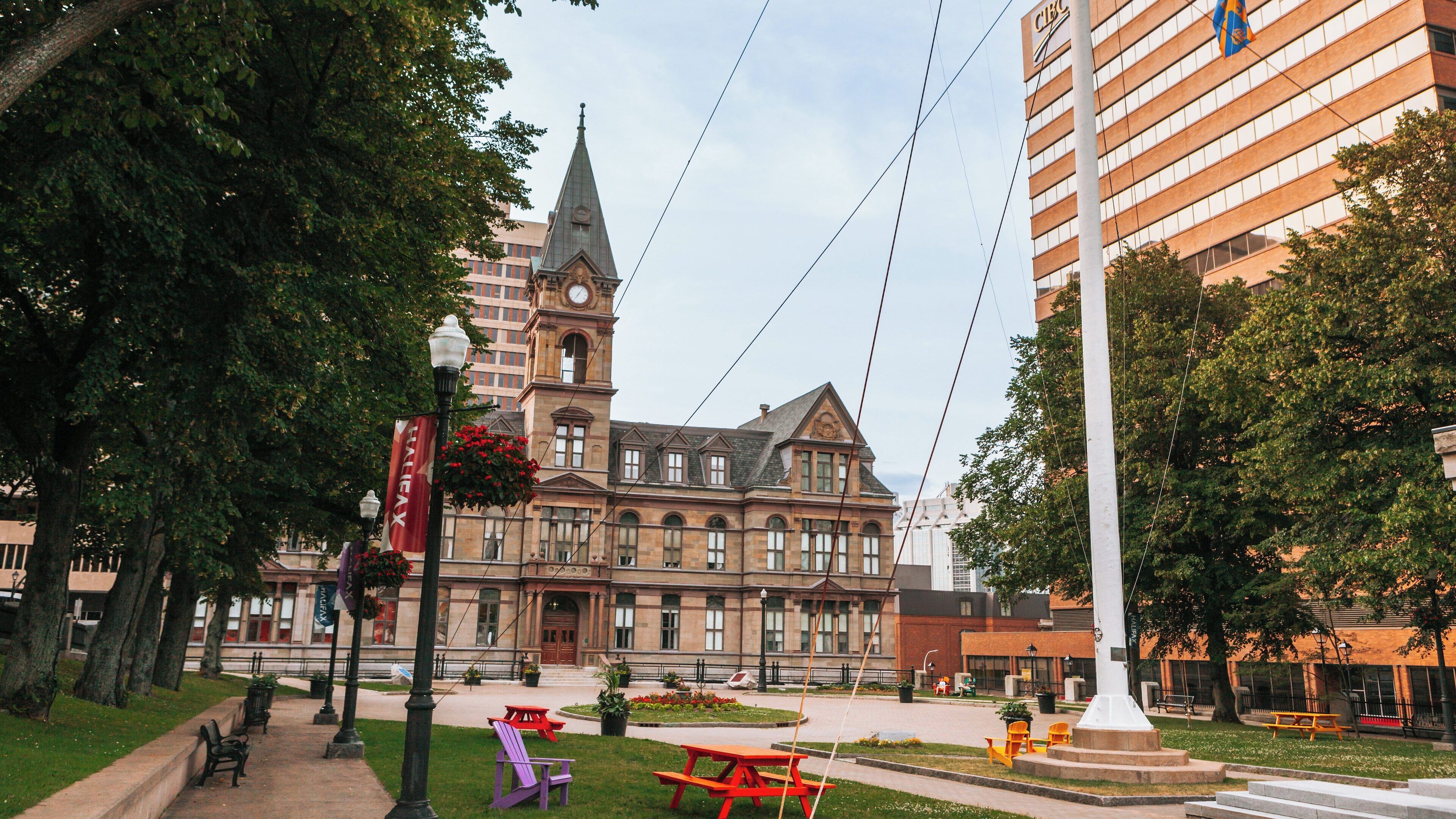 Halifax City Hall stands proudly among modern architecture in Downtown Halifax, Nova Scotia, showcasing historical charm and vibrant community activities