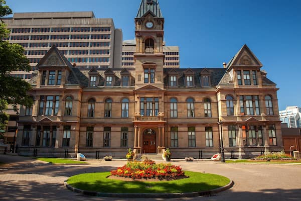 Halifax City Hall showing flowers and heritage architecture