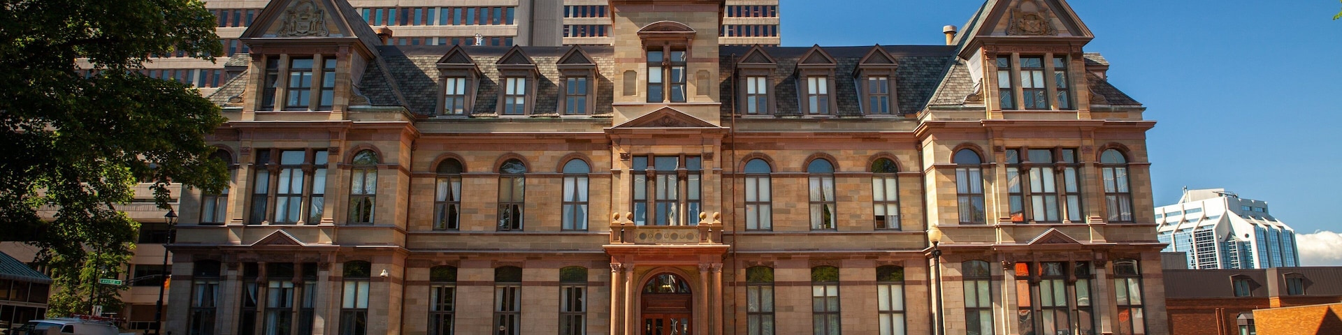 Halifax City Hall showing flowers and heritage architecture