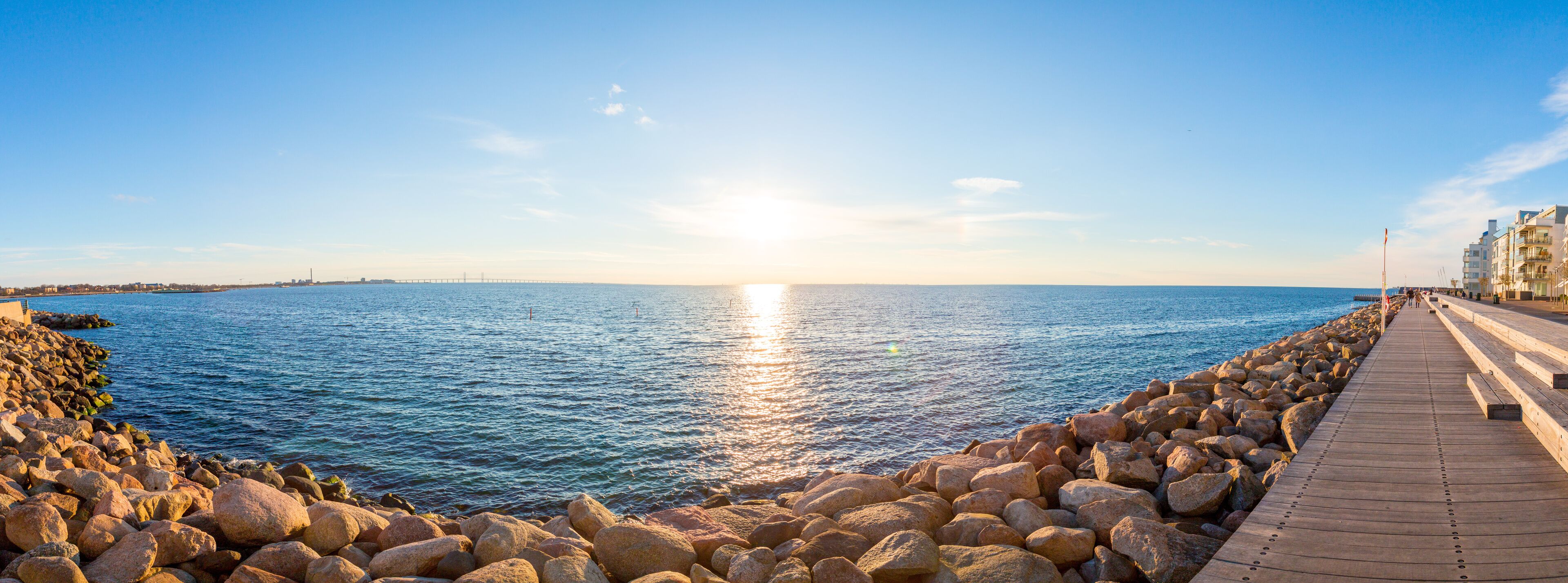 Oresund bridge panoramic view from Malmo city. Bridge goes to Denmark over the North sea