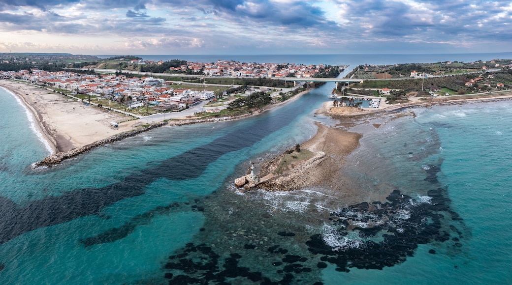 Aerial view at Nea Potidea canal, which connects Toroneos Bay with the Gulf of Thermaikos. Greece, Kassandra, Halkidiki