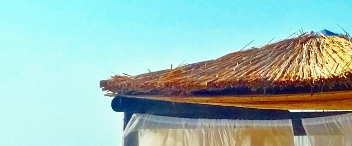 A beach with a thatched-roof tent and a bed with white curtains.