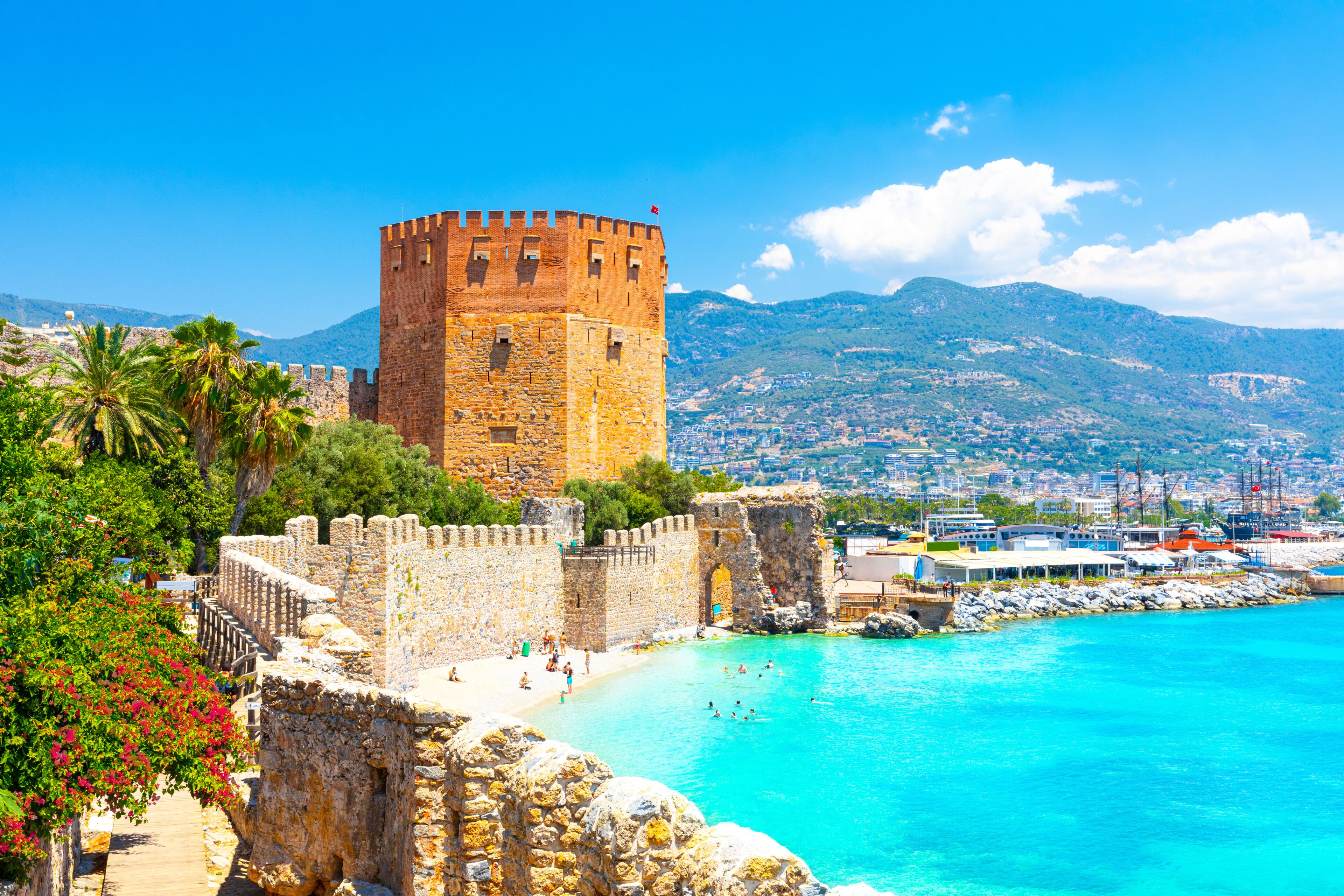 Panoramic view of the harbor of Alanya on a beautiful summer day. Alanya, Turkey 