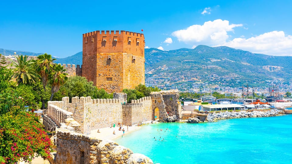 Panoramic view of the harbor of Alanya on a beautiful summer day. Alanya, Turkey