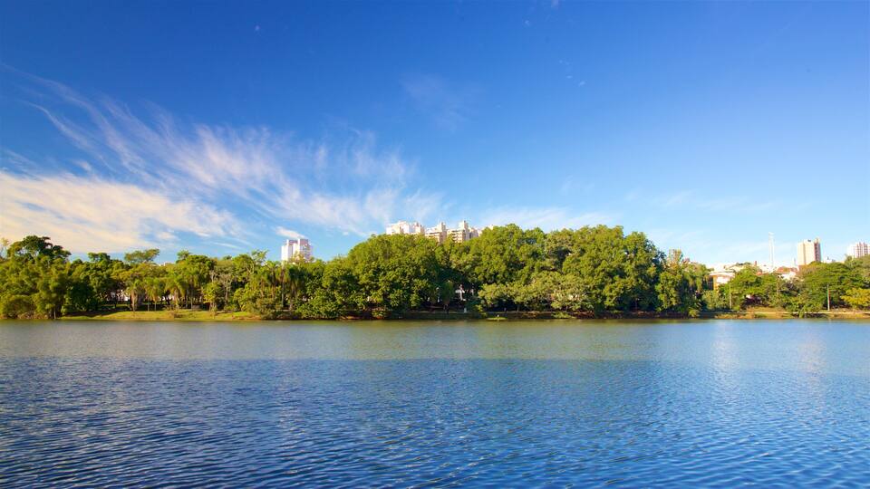 A lake with a city skyline in the background.