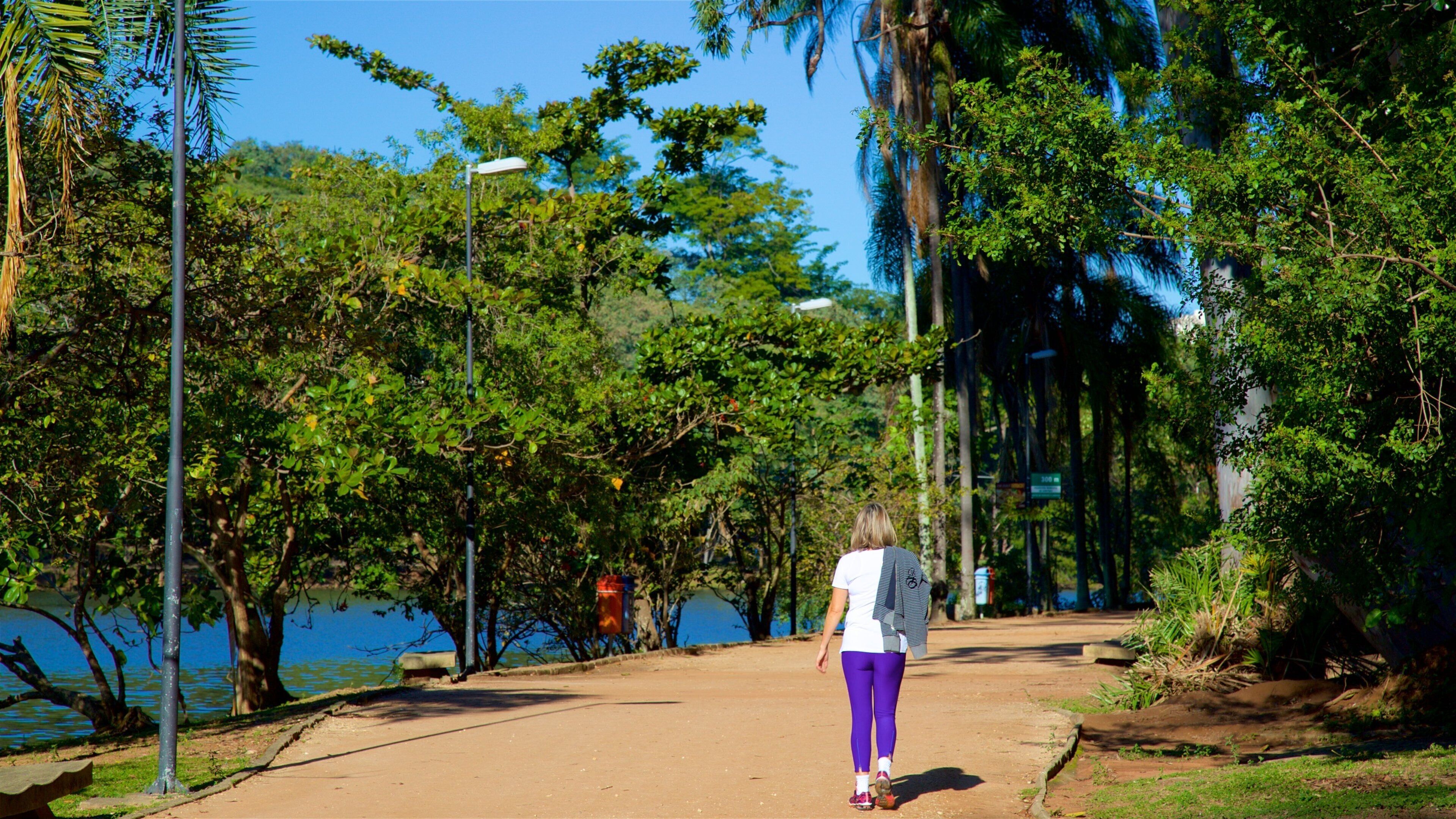 Taquaral Lake showing a garden and hiking or walking as well as an individual female