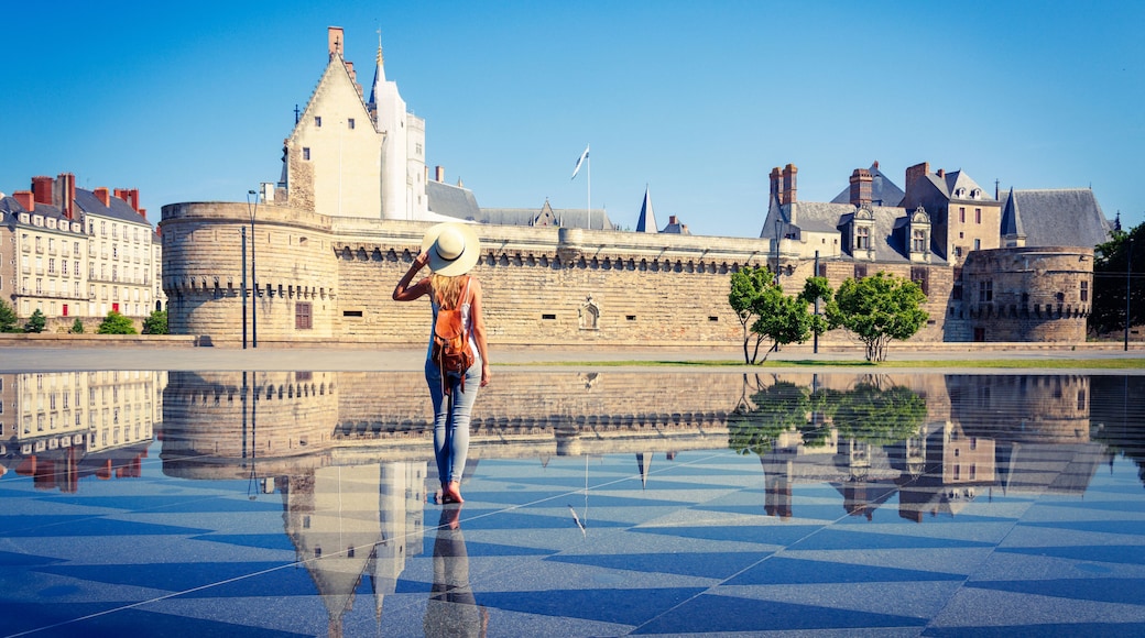 Woman walking in mirror water in Nantes- Loire-Atlantique, Pays de la Loire in France- Castle of the Dukes of Brittany