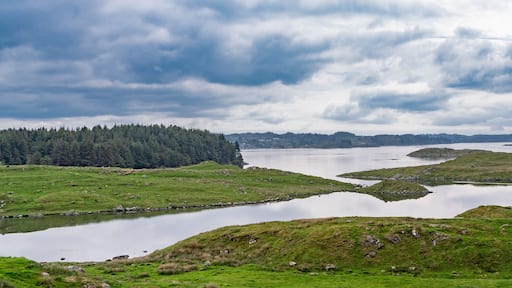 Panorama of the beautiful landscape of the island of Karmoy in Rogaland, Norway, with dark cloudy sky