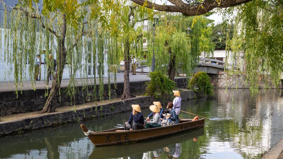 A traditional boat with passengers wearing conical hats on a calm river, surrounded by willow trees and stone walls.