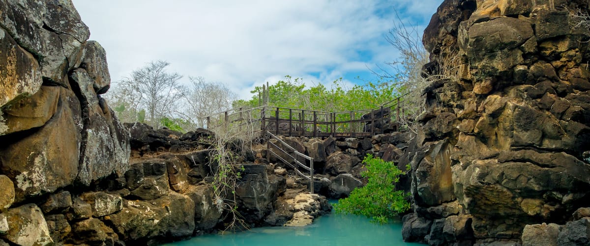 A rocky gorge with turquoise water and a wooden bridge.