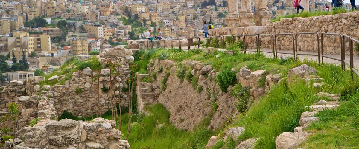 A cityscape with a stone wall and ruins in the foreground, overlooking a densely packed urban area with many buildings.