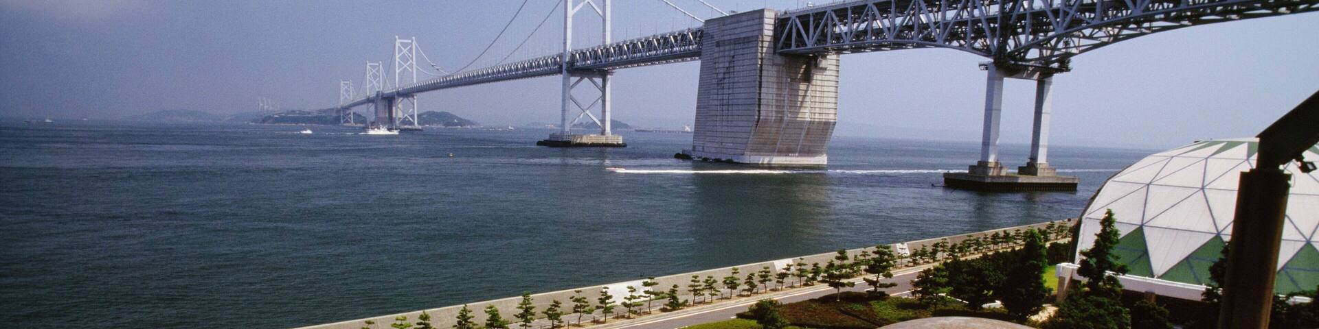 High angle view of a lawn near a bridge, Seto Ohashi Bridge, Shikoku, Japan