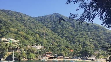 Un pueblo costero con un lago, barcos y montañas al fondo.
