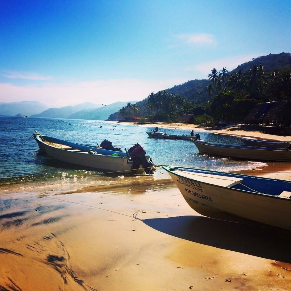 A beach with several boats anchored near the shore, surrounded by palm trees and mountains in the background.