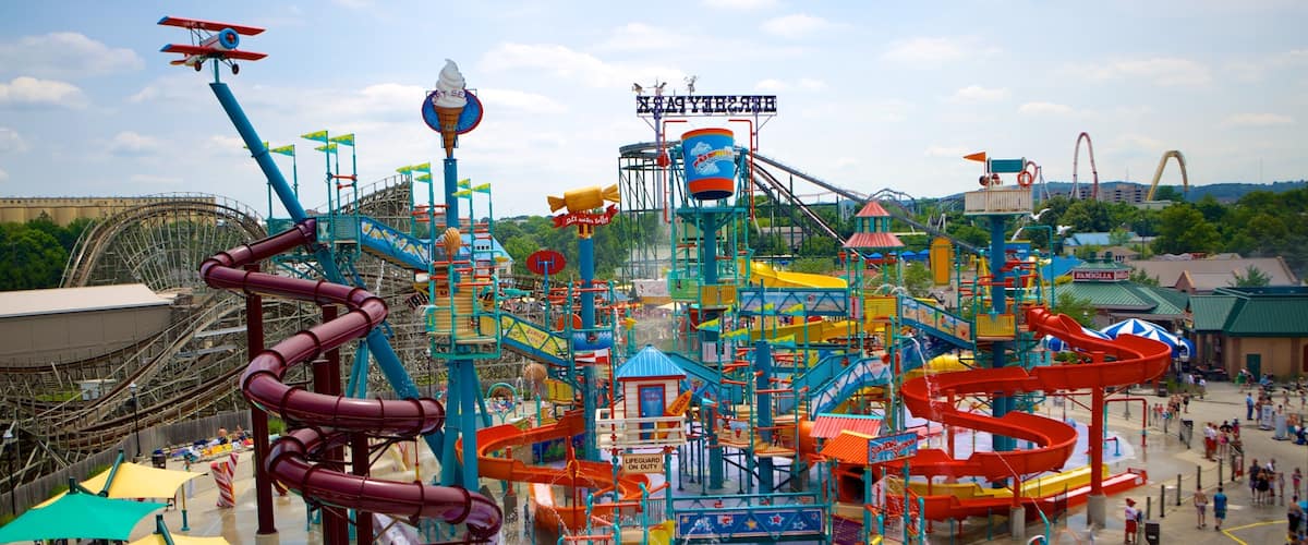 A water park with multiple slides and a roller coaster.
