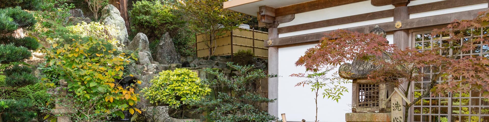 A traditional Japanese garden with a stone basin, bamboo, and various plants.