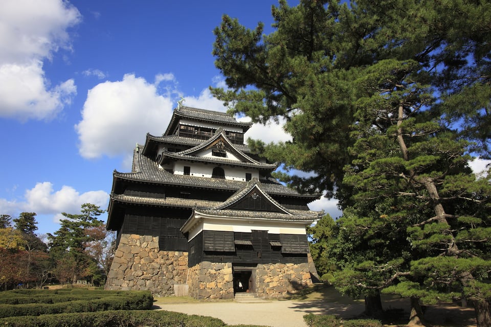 A traditional Japanese castle with multiple tiers, surrounded by well-maintained gardens and large pine trees.