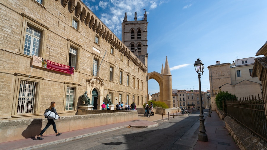 Un edificio storico con una statua, una torre e una strada affollata di persone.