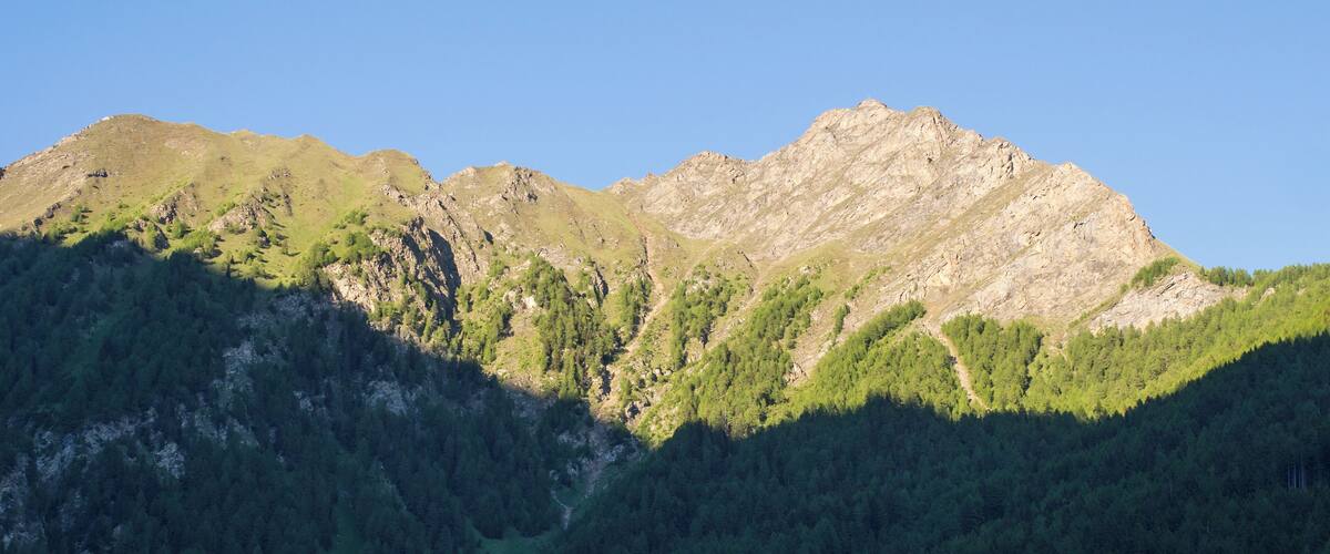 A mountain range with dense forests and rocky peaks under a clear sky.