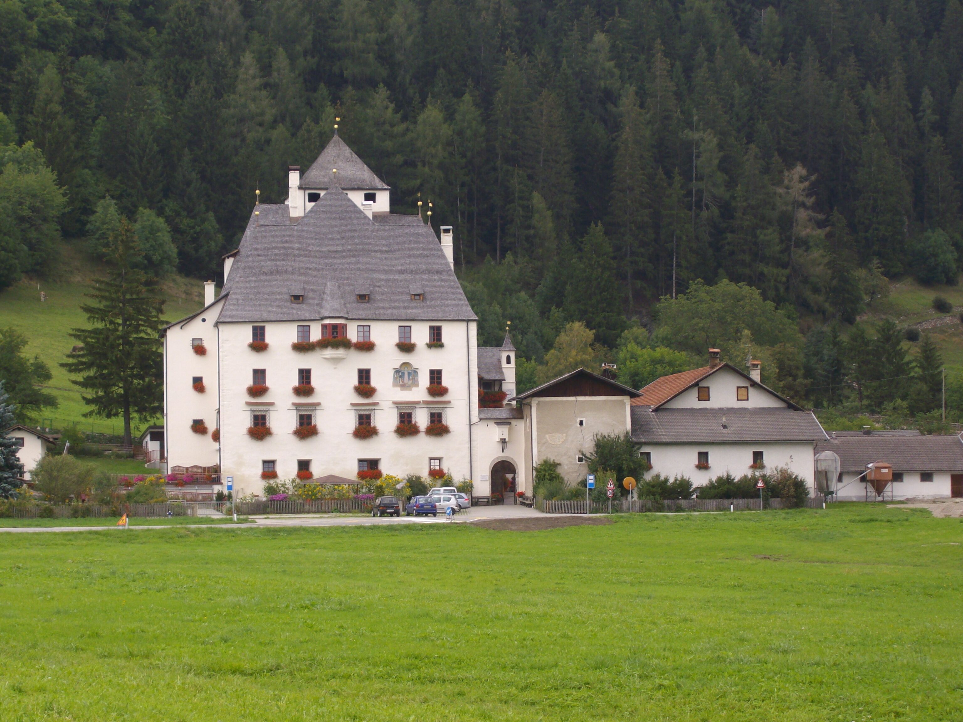 Italy, South Tirol, Wiesen, Schloss Moos. The Moos Castle is mentioned for the first time in a written document in 1325 and was owned by the Trautson family. In the following years the castle changed several owners and in 1600 was restored on commission of Christoph Geizkofler. The Moos Castle was efficiently protected by the “marsh of Sterzing” which extended until to Wiesen. The South Tirol Winemakers Association acquired the castle in 1950, restored it without substantial changing and destined it as a retirement home for the elderly.