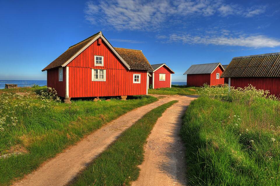 A dirt path leading to red wooden houses by the sea.