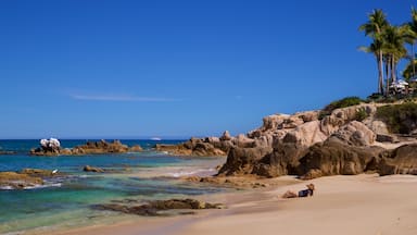 Una playa arenosa con aguas turquesas cristalinas, formaciones rocosas y palmeras.