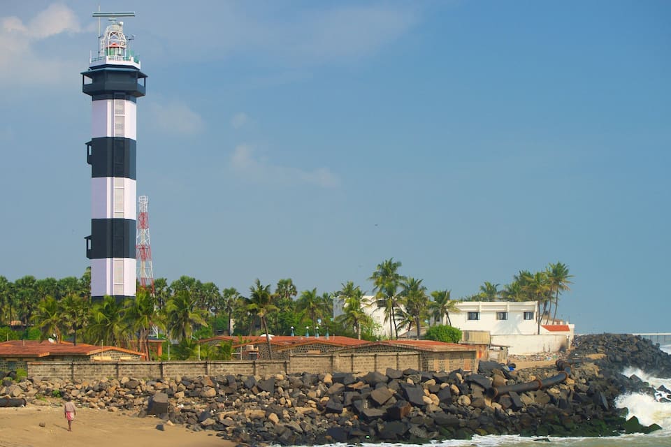A lighthouse, palm trees, rocky shoreline, and a building with a red roof.